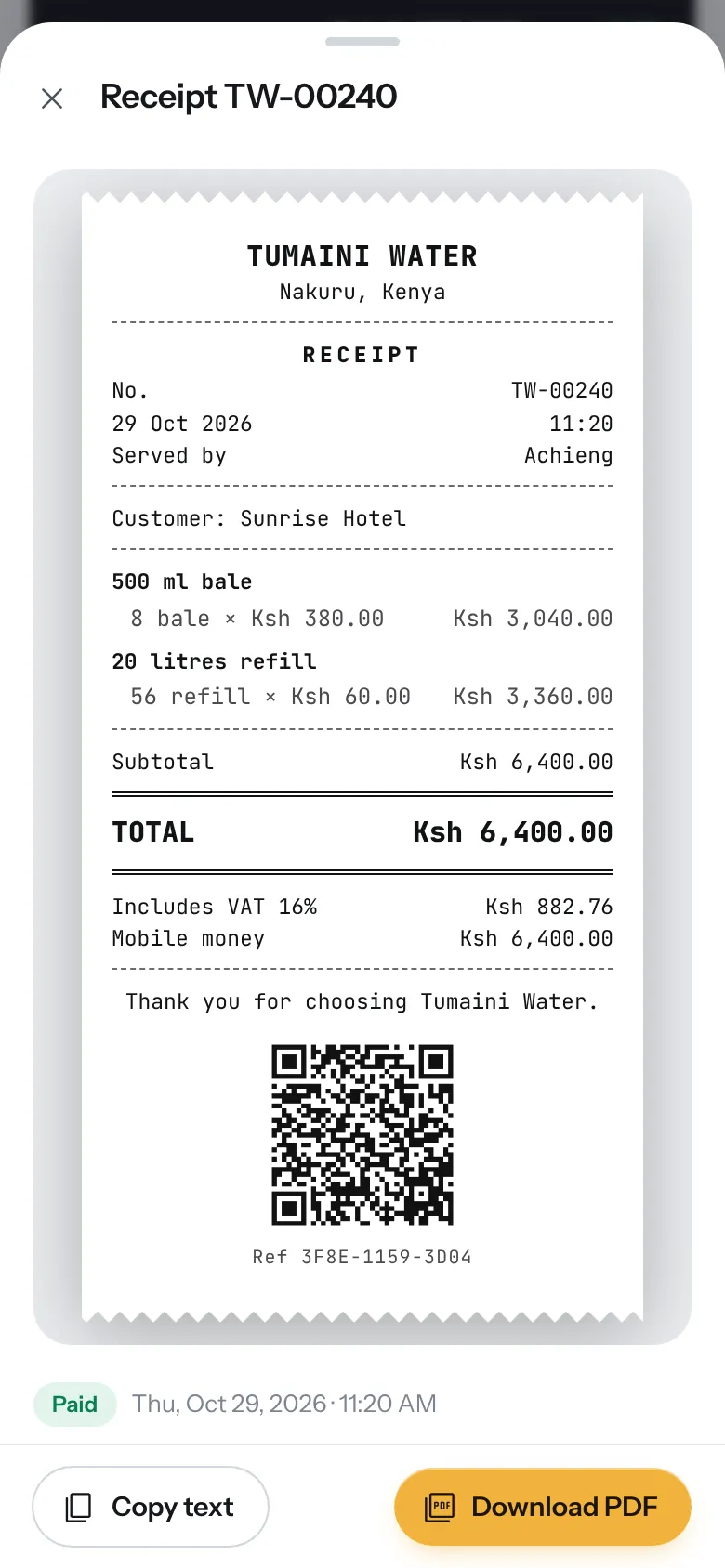 A till-roll receipt from Tumaini Water for a hotel: two lines, a total of 6,400 shillings including VAT, a QR code and a reference number.