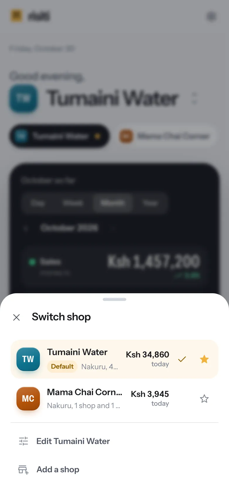 Switching shops: Tumaini Water, the default shop, with 34,860 shillings today, and Mama Chai Corner with 3,945.